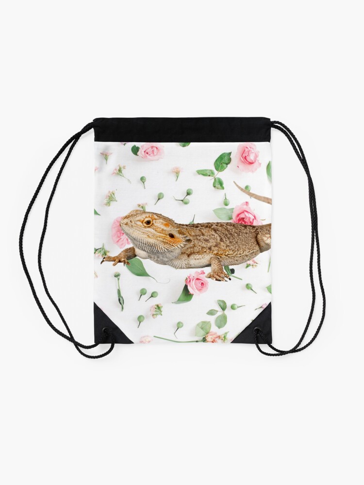 Alternate view of Bearded Dragon On A Carnation Background Drawstring Bag