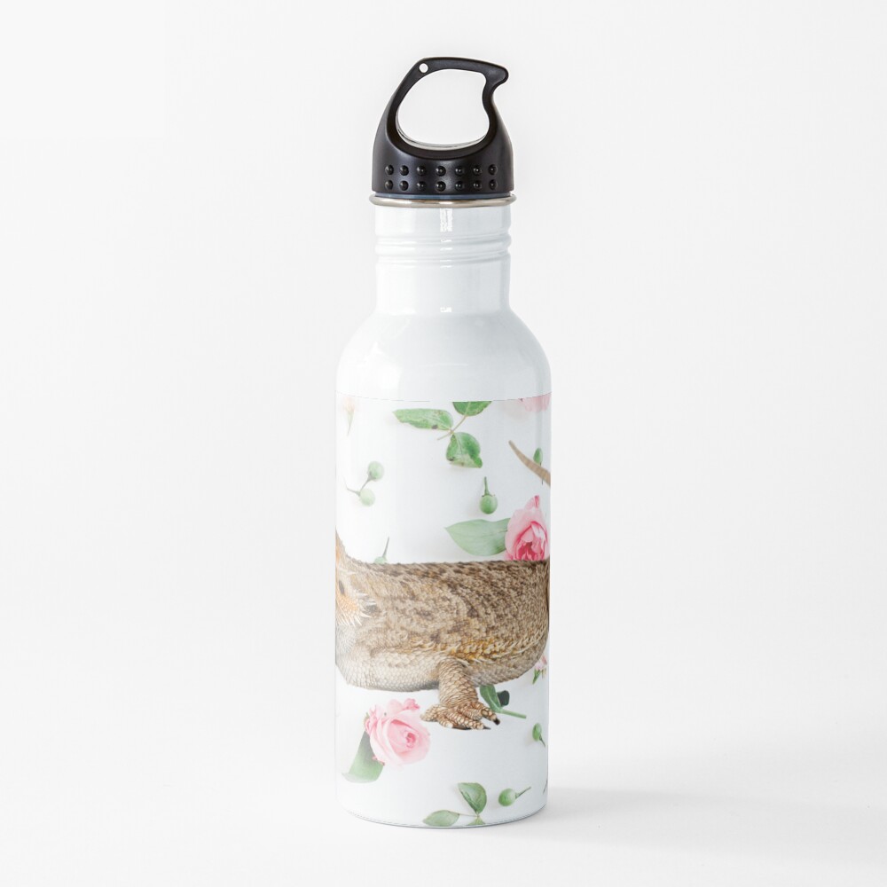 Bearded Dragon On A Carnation Background Water Bottle