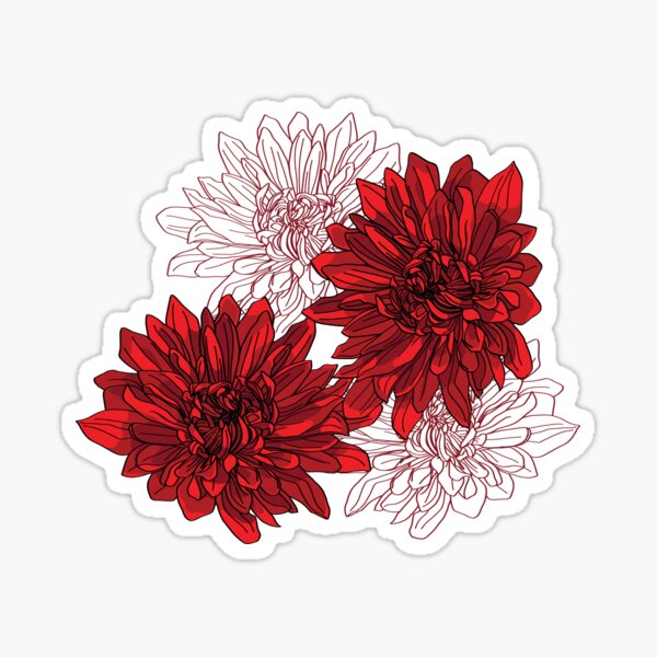 Red and grey Chrysanthemum tattoo style floral illustration" Sticker Sale The Willow Of Rain City | Redbubble