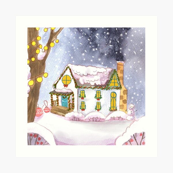 Cozy Winter Home on a Snowy Christmas Morning Art Print