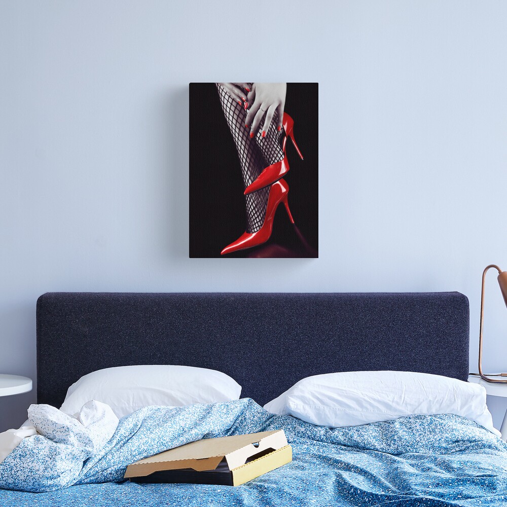 Woman legs in sexy red high heels and stockings art photo print