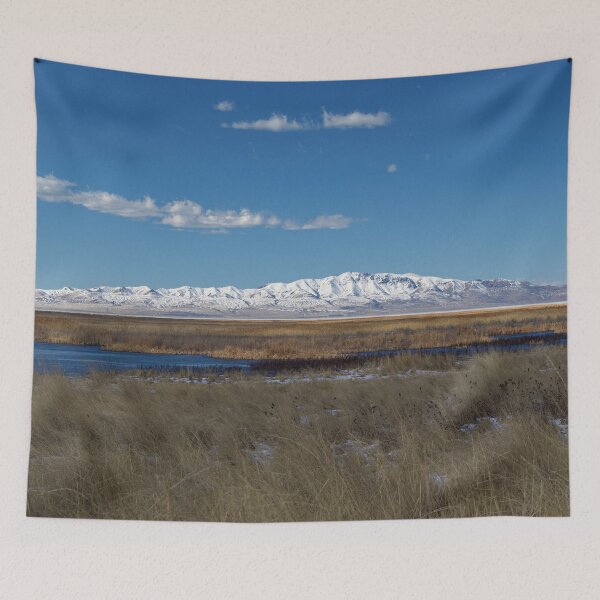 Item preview, Mountain range with snow and blue water, clouds, sky and brown grass designed and sold by Ventures1.