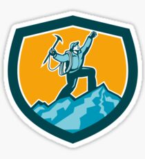 Mountain Climber Reaching Summit Retro Shield Sticker