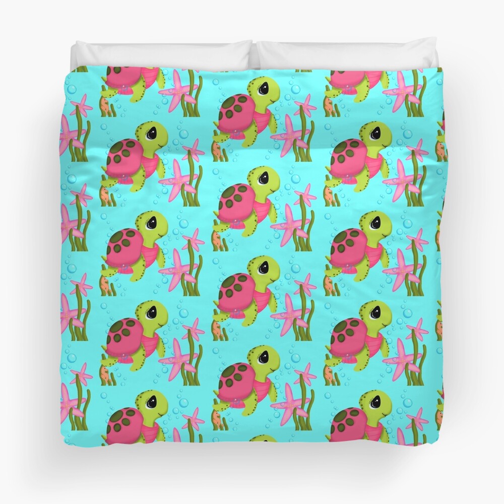Pink Sea Turtle Starfish Ocean Scene Duvet Cover