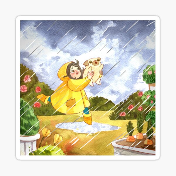 Mouse's Splashy Tuesday - Girl Playing in Rain with Pug Sticker
