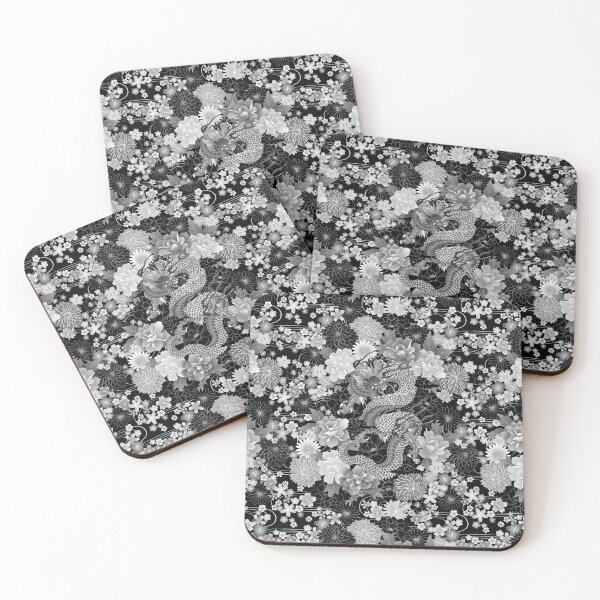 Item preview, JAPANESE DRAGON & FLORAL KIMONO PRINT IN BLACK & SILVER designed and sold by STUDIOFLOW.