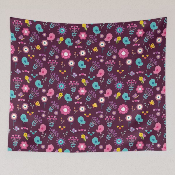 Item preview, Colourful Birds Bees Butterflies and Flowers Pattern on Wine Berry Color designed and sold by simpleones.