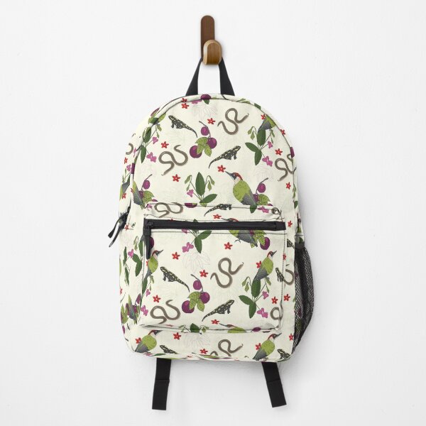 Item preview, Green woodpecker, cream background, salamander, slow worm, plums and flowers, a pattern inspir designed and sold by Naty Design Prague.