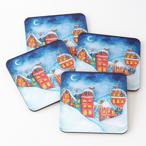 Item preview, Watercolor illustration of a winter city at night. designed and sold by JuStud.