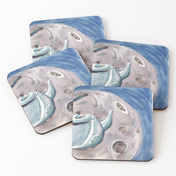 Item preview, Watercolor hand drawn illustration of metal teapot and moon art designed and sold by FuzzyLogicKate.