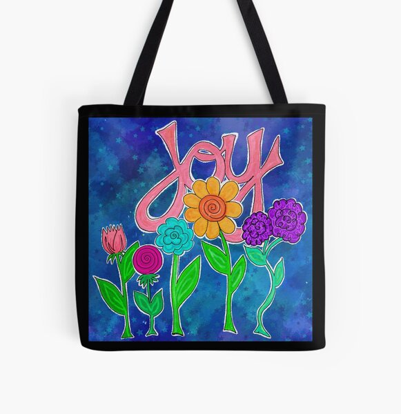 JOY Watercolor Flowers All Over Print Tote Bag