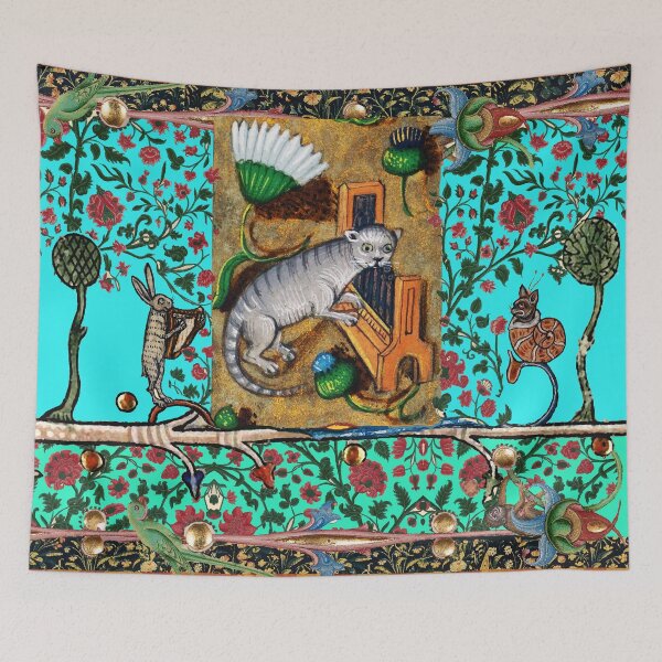 Item preview, WEIRD MEDIEVAL BESTIARY MAKING MUSIC, Cat Playing Organ,Harpist Rabbit,Snail Cat in Blue designed and sold by BulganLumini.