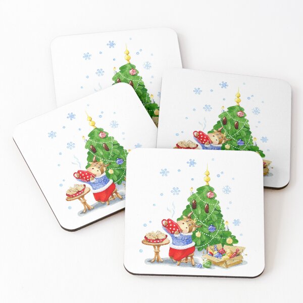 Item preview, watercolor cute cow and Christmas tree designed and sold by TatianaKa.