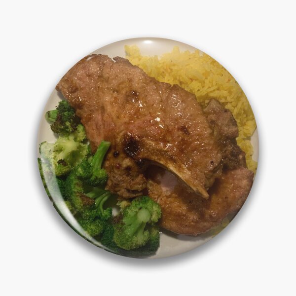 Item preview, Pan Fried Bone-in pork chop with crispy broccoli and saffron rice  designed and sold by BadMenuPhotos.