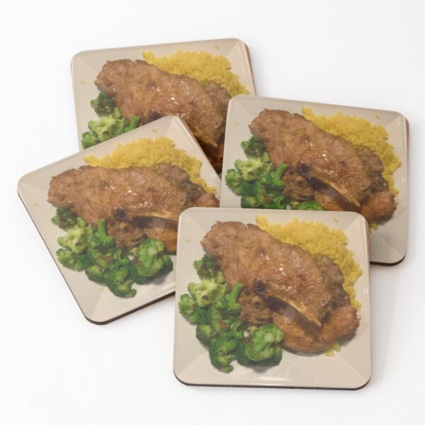 Item preview, Pan Fried Bone-in pork chop with crispy broccoli and saffron rice  designed and sold by BadMenuPhotos.