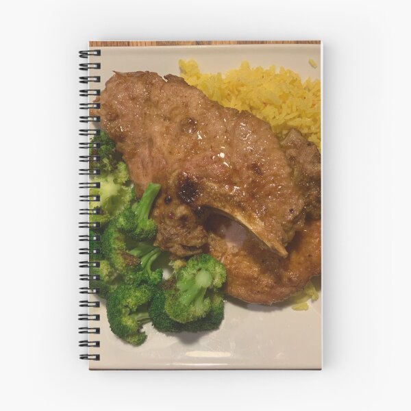Item preview, Pan Fried Bone-in pork chop with crispy broccoli and saffron rice  designed and sold by BadMenuPhotos.