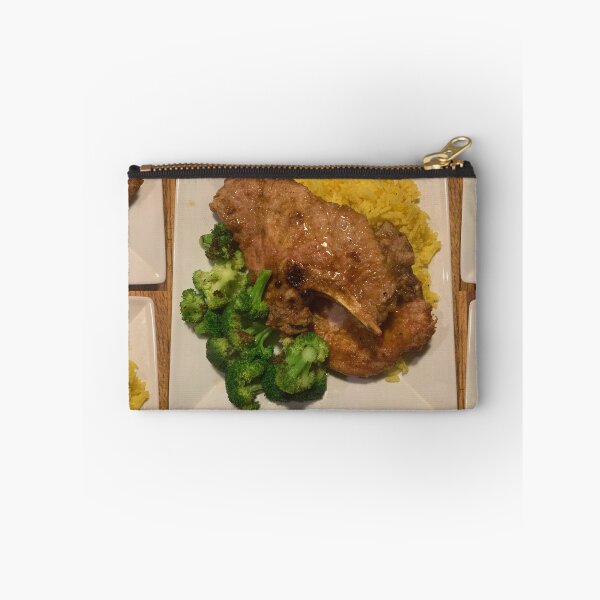Item preview, Pan Fried Bone-in pork chop with crispy broccoli and saffron rice  designed and sold by BadMenuPhotos.