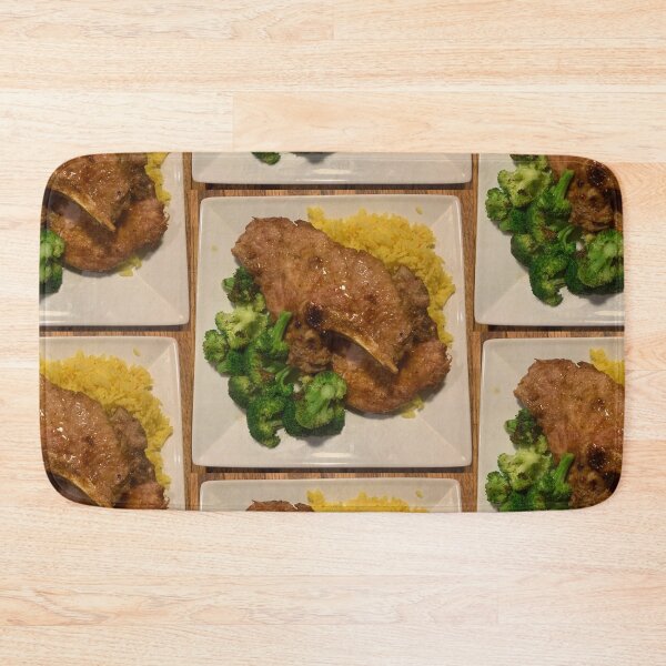 Item preview, Pan Fried Bone-in pork chop with crispy broccoli and saffron rice  designed and sold by BadMenuPhotos.