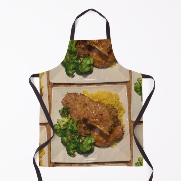 Item preview, Pan Fried Bone-in pork chop with crispy broccoli and saffron rice  designed and sold by BadMenuPhotos.