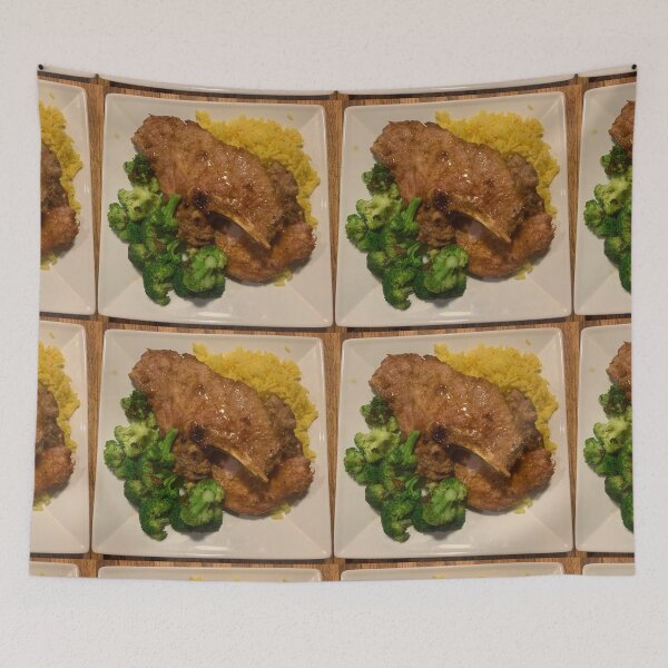 Item preview, Pan Fried Bone-in pork chop with crispy broccoli and saffron rice  designed and sold by BadMenuPhotos.