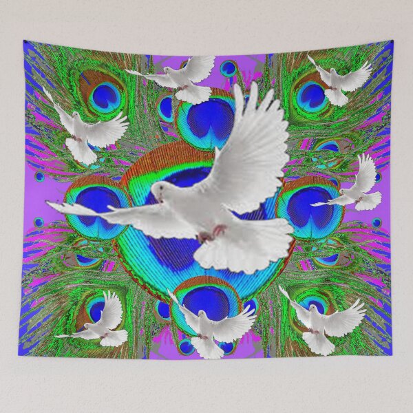 Item preview, WHITE DOVES ON BLUE & LILAC PEACOCK  EYE FEATHERS ART designed and sold by sharlesart.