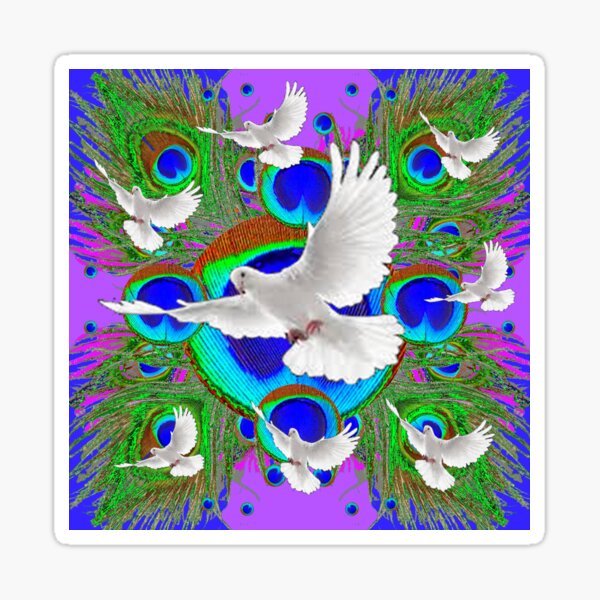 White Doves On Blue And Lilac Peacock Eye Feathers Art Sticker For Sale By Sharlesart Redbubble 7120