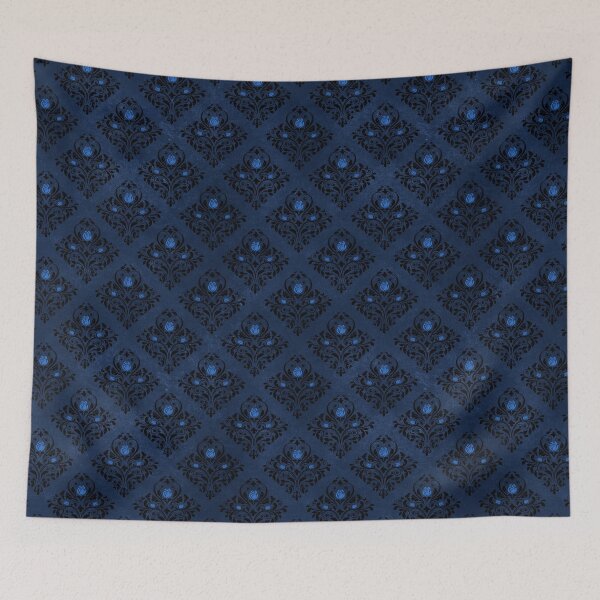 Item preview, An intricate and ornate blue rose on a black damask with a light blue background design designed and sold by AnnieHochmann.