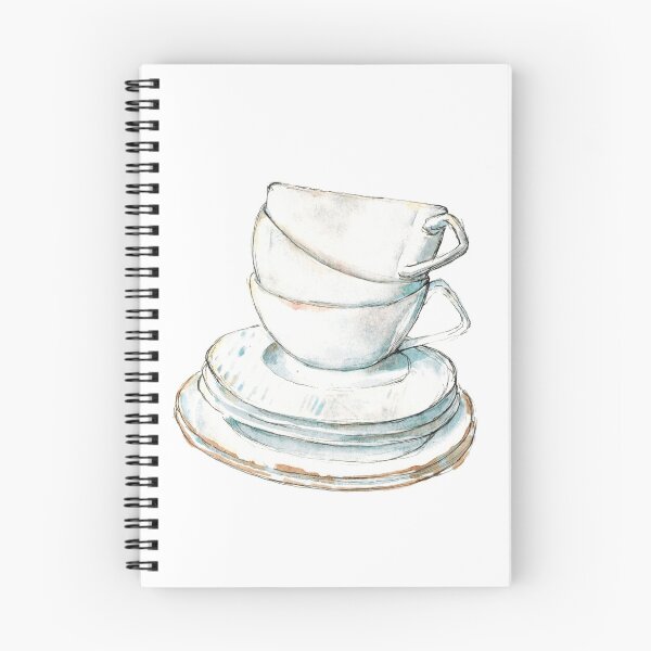Item preview, Watercolor hand drawn sketch illustration of stack of cups and plates designed and sold by FuzzyLogicKate.