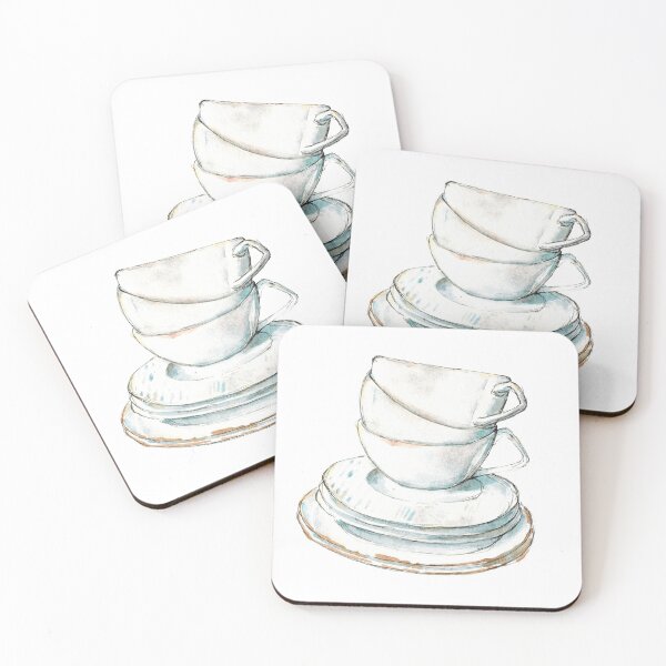 Item preview, Watercolor hand drawn sketch illustration of stack of cups and plates designed and sold by FuzzyLogicKate.