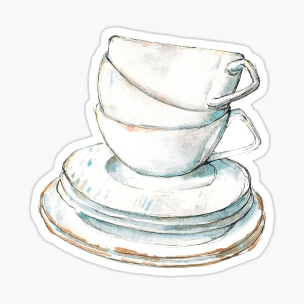 Watercolor hand drawn sketch illustration of stack of cups and plates Sticker