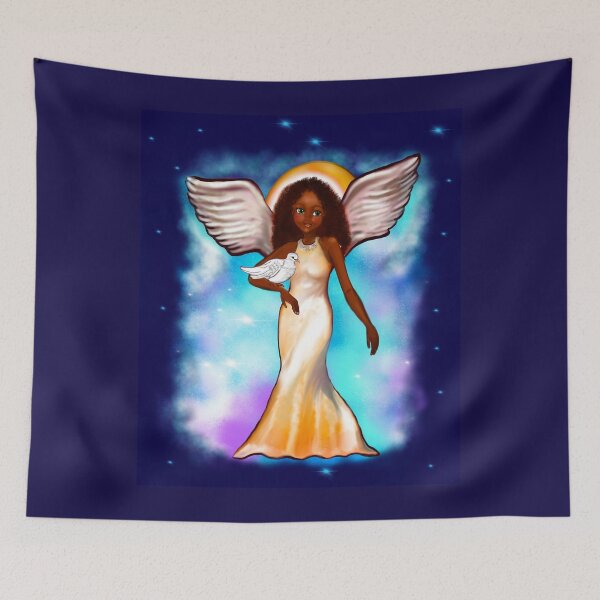 Item preview, Angel with dove - Black angel of peace  ! with Afro hair, green eyes, Cherry pink lips and dark brown skin. Hair love ! designed and sold by Artonmytee.