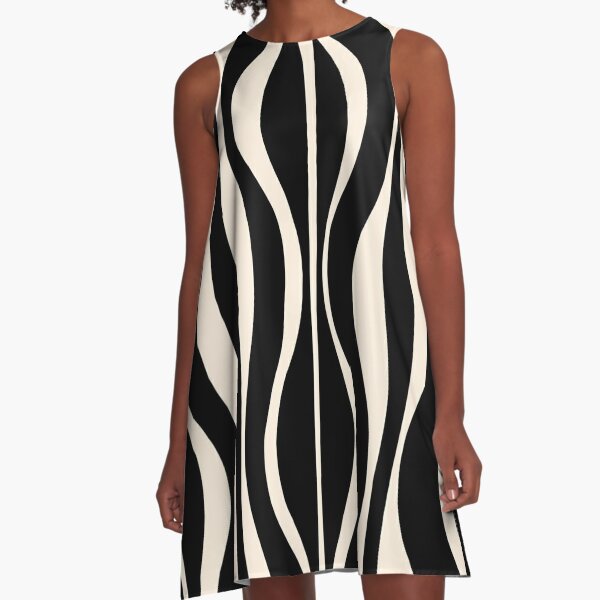 Hourglass Abstract Midcentury Modern Retro Mod Pattern in Black and Almond Cream A-Line Dress