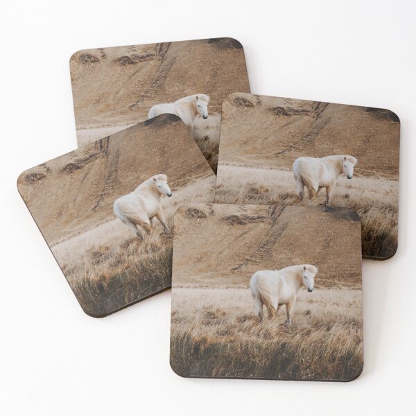 Item preview, White Icelandic horse in the field of scenic nature landscape of Iceland designed and sold by AtacamaPrints.