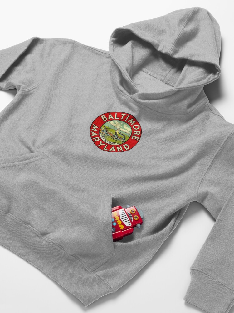 Alternate view of Baltimore Maryland Vintage Travel Decal Kids Pullover Hoodie