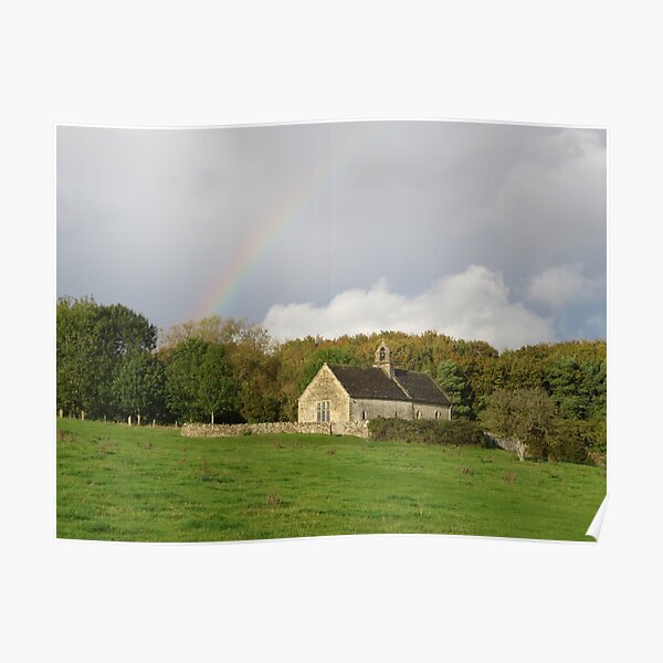 Rainbow over St Oswald's Church, Burford, UK Poster