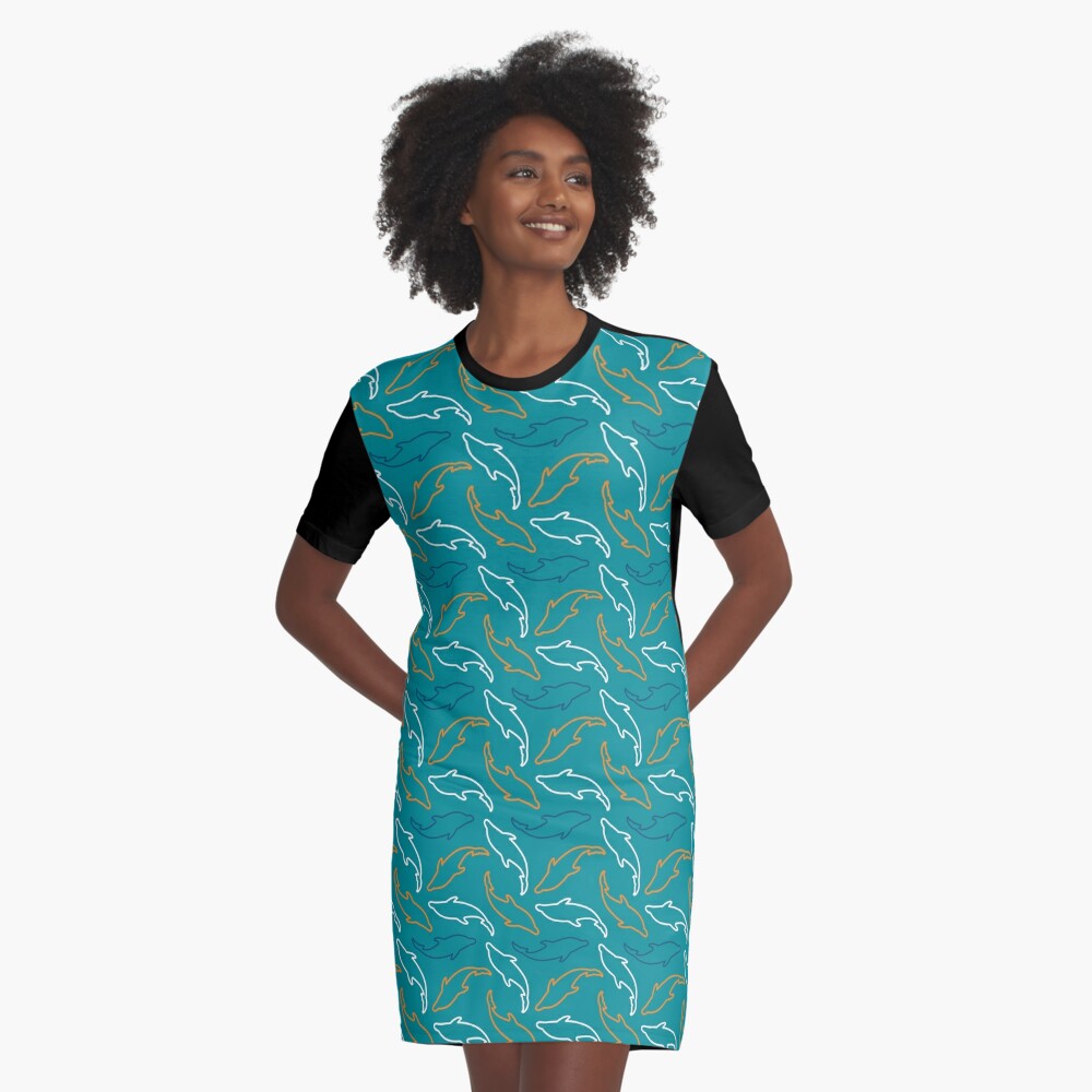 Miami Dolphins V Neck Dress Women's Short Sleeve Dress Casual Loose Skirt