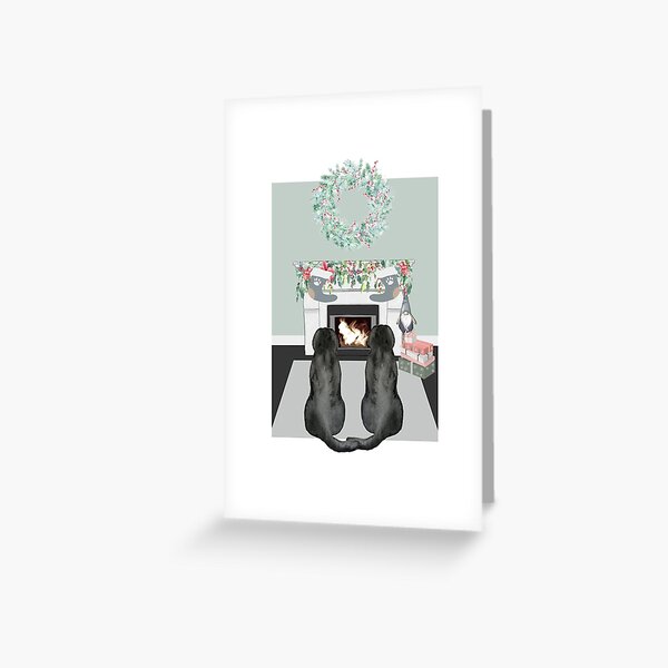 Christmas Two Black Labrador Dogs Fireplace Scene Holiday Card Greeting Card