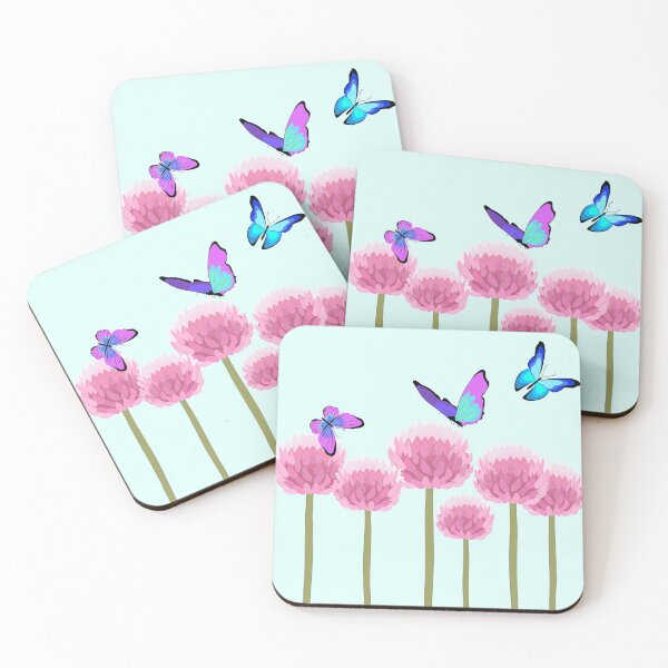 Item preview, Three blue purple butterflies over pink allium flowers designed and sold by orangerinka.