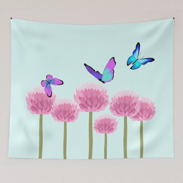 Item preview, Three blue purple butterflies over pink allium flowers designed and sold by orangerinka.