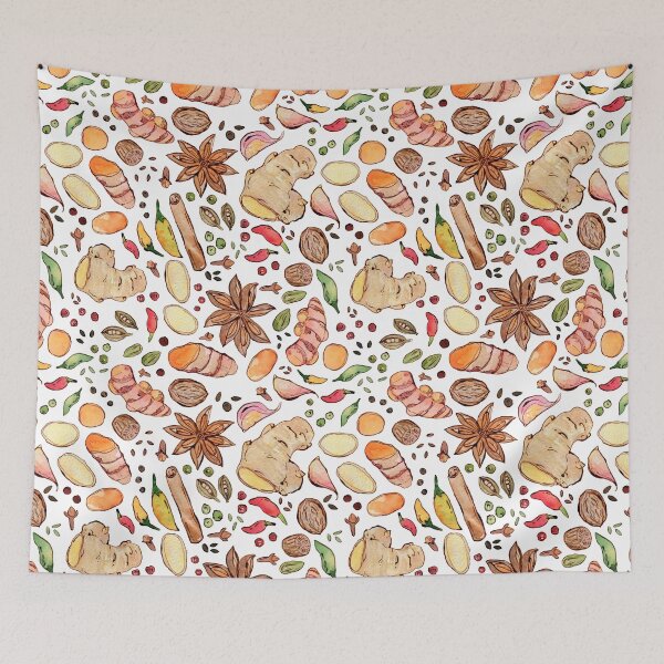 Item preview, Spice: turmeric, ginger, garlic, clove, cinnamon on white watercolor pattern designed and sold by AnjeseAnna.