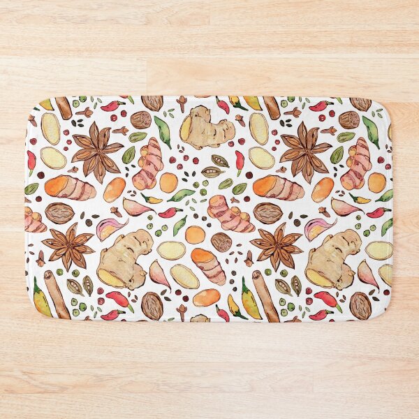 Item preview, Spice: turmeric, ginger, garlic, clove, cinnamon on white watercolor pattern designed and sold by AnjeseAnna.