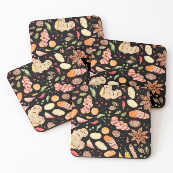 Item preview, Spice: turmeric, ginger, clove, cinnamon on black watercolor pattern designed and sold by AnjeseAnna.