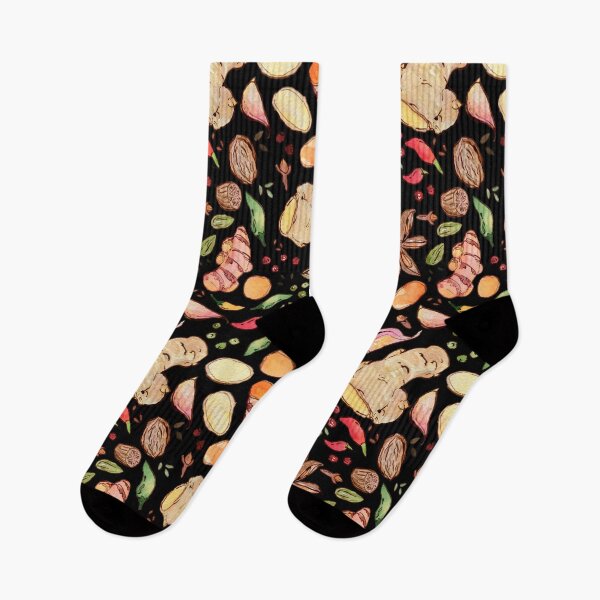 Item preview, Spice: turmeric, ginger, clove, cinnamon on black watercolor pattern designed and sold by AnjeseAnna.