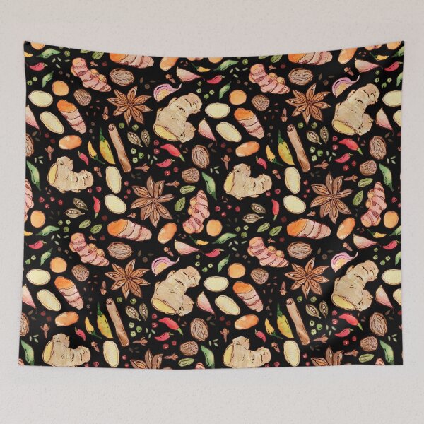 Item preview, Spice: turmeric, ginger, clove, cinnamon on black watercolor pattern designed and sold by AnjeseAnna.