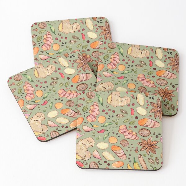 Item preview, Autumn Spice: turmeric, ginger, clove, cinnamon on green watercolor pattern designed and sold by AnjeseAnna.