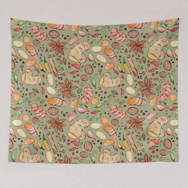 Item preview, Autumn Spice: turmeric, ginger, clove, cinnamon on green watercolor pattern designed and sold by AnjeseAnna.