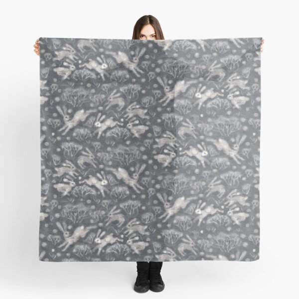Hares Field, Winter Rabbits Bunnies Pattern, Felted Wool Texture Gray Scarf