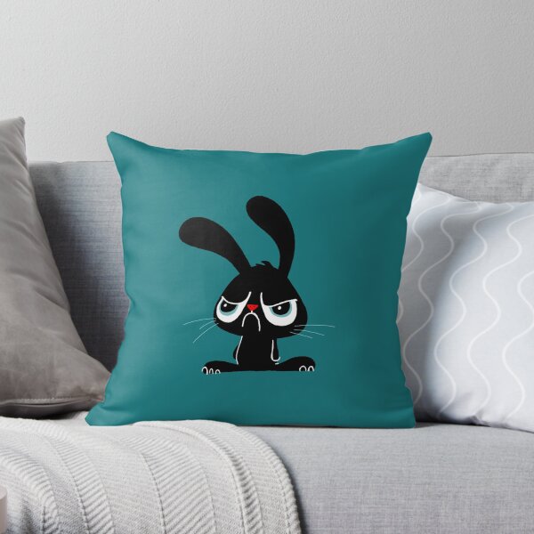 Cute Grumpy Bunny - Blue Version Throw Pillow