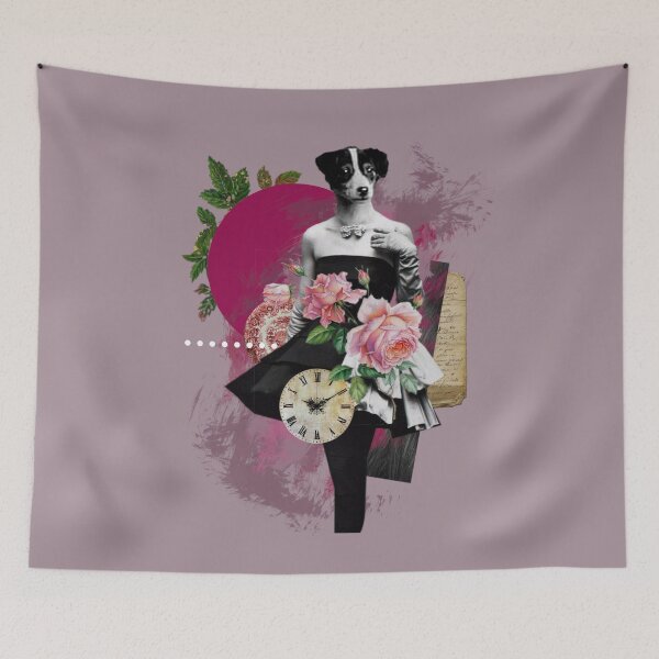 Item preview, Collage Fifties Model with Pink Roses Vintage Clock and Plate and Dog designed and sold by KALEIDOSCOPE UK.