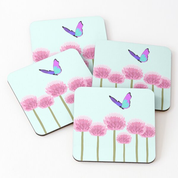 Item preview, Blue purple butterfly over pink allium flowers designed and sold by orangerinka.